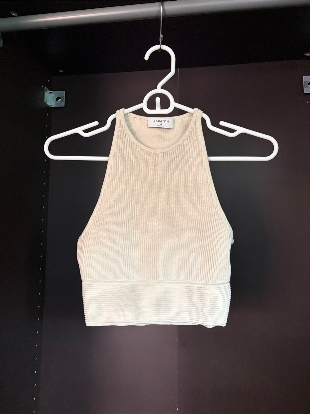 Babaton Cream Ribbed Halter Crop Tank Top